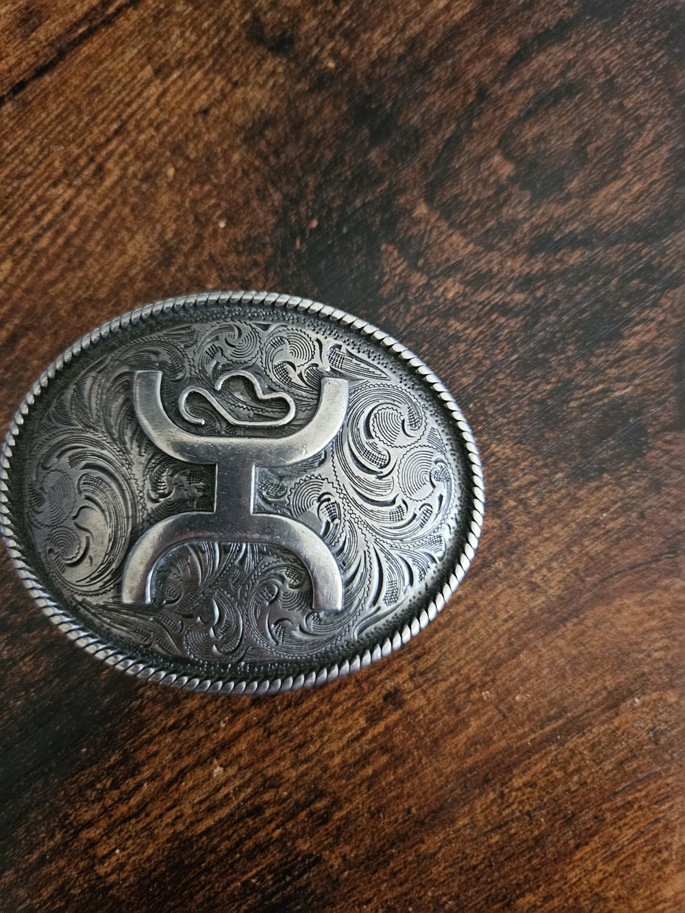 Hooey Silver Western Oval Belt Buckle with Engraved Scroll and Emblem